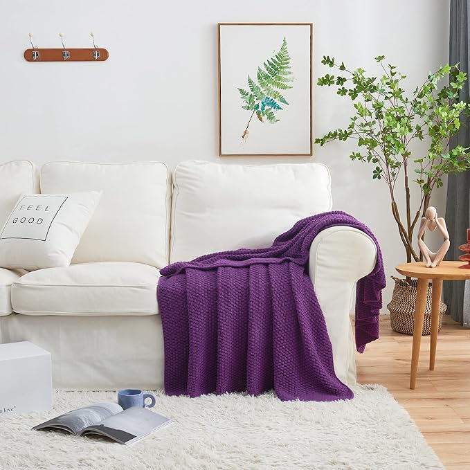 Longhui bedding Purple Knitted Throw Blanket for Couch, Soft, Cozy Machine Washable 100% Cotton Sofa Knit Blankets, Heavy 3.0lb Weight, 51 x 63 Inches, Purple Color.