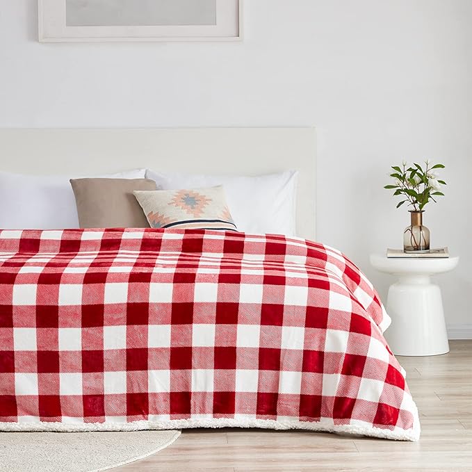 Touchat Red and White Buffalo Plaid Christmas Twin Blanket, 60" X 70", Fuzzy Fluffy Soft Cozy Fleece Flannel Plush Microfiber Blanket for Couch, Bed, Sofa