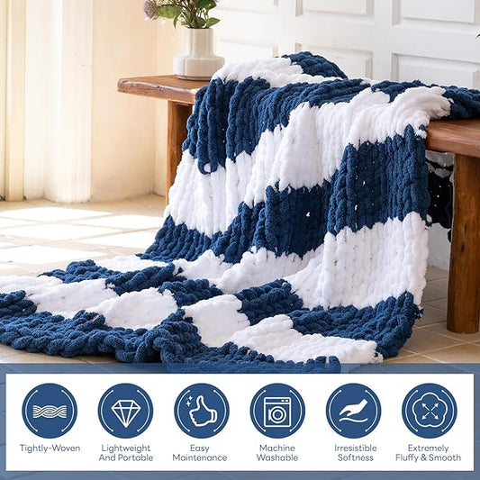 Chunky Knit Blanket - Luxury Soft Cozy Queen Size(50 * 60) Throw Blanket,100% Woven Blanket Rope Knot Throw Blanket for Couch, Sofa, Home Decor, Gift - Machine Washable（White/Deep Blue）