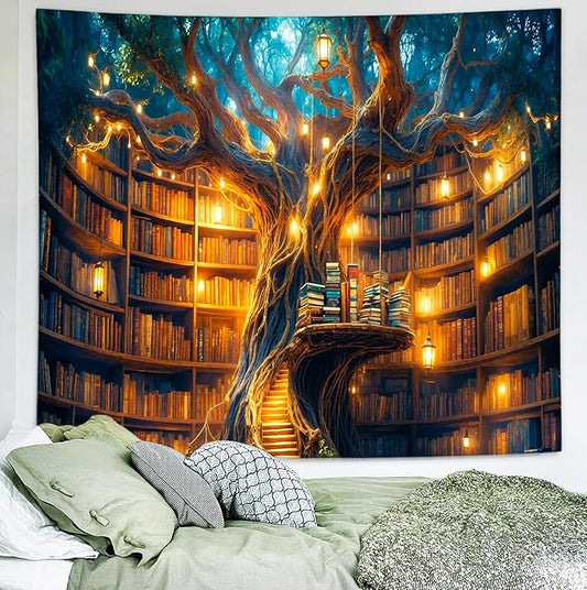 Delur Fantasy Library Tapestry Mysterious Bookshelf Fairytale Magic Tree Tapestry Wall Hanging Vintage Book Art Abstract Psychedelic Headboard for Bedroom Living Room Home Decor (51.2" x 59.1")