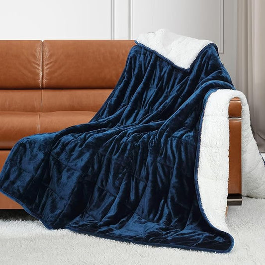 Alomidds Weighted Blanket Twin Size 15lbs 48x72 inches, Sherpa Weighted Blankets for Adults,Fluffy Warm Sherpa & Cozy Soft Flannel Snuggle Thick Heavy Blanket Great for Calming and Relax, Navy
