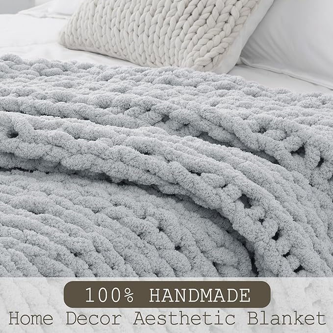 Chunky Knit Throw Blanket 60"X 80", 100% Handmade with Soft Chenille Yarn, 4.4lbs Thick Cable Knitted Blankets, Large Rope Knot Crochet Throws for Couch Sofa Bed Home Decor, Light Grey