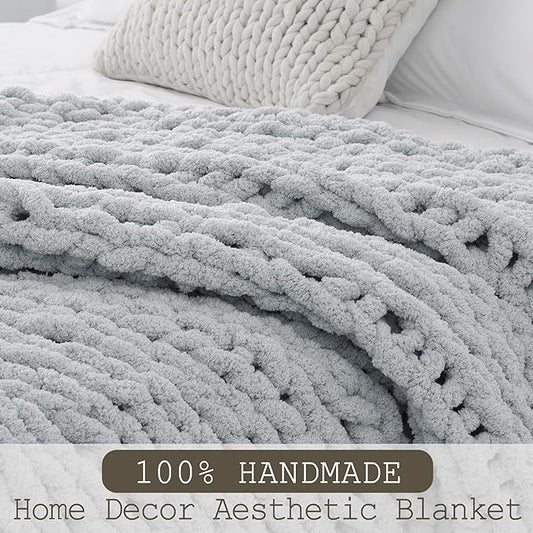 Chunky Knit Throw Blanket 60"X 80", 100% Handmade with Soft Chenille Yarn, 4.4lbs Thick Cable Knitted Blankets, Large Rope Knot Crochet Throws for Couch Sofa Bed Home Decor, Light Grey