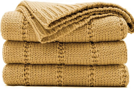 RECYCO Cable Knit Mustard Yellow Throw Blanket Twin Size for Couch, Super Soft Warm Cozy Decorative Knitted Throw Blanket 3.6LB for Bed, Sofa, Chair Large 60"x80"
