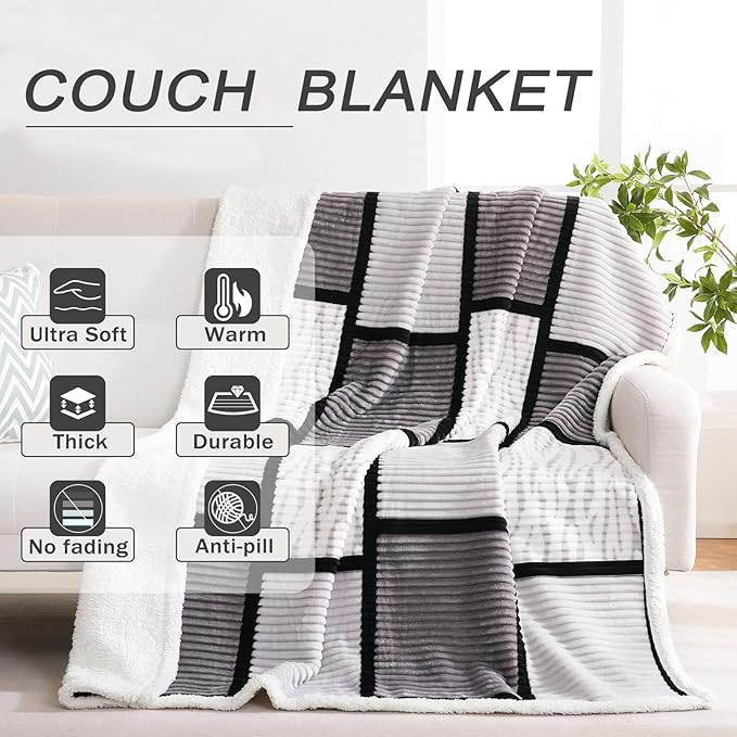 PU MEI Sherpa Blanket Fleece Throw Blanket Queen Plaid Thick Bed Blanket, Soft Warm Cozy Throw Blanket, 80"*90” Zebra-Grey