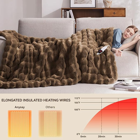 Heated Blanket Throw with 1/2/4/6/8 Hours Auto-Off 10 Heat Level, 62'' * 84'' Cozy Faux Rabbit Fur Bubble Electric Blanket with Overheat Protection(Brown)