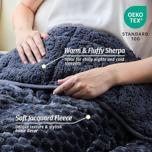 Wemore Fleece Weighted Blanket for Adults (60" x 80" 20lbs, Grey-Blue), Dual Sided Cozy Soft Sherpa Heavy Blanket, 3D Imitation Turtle Shell Warm Jacquard Flannel Weighted Blankets for Couch and Bed