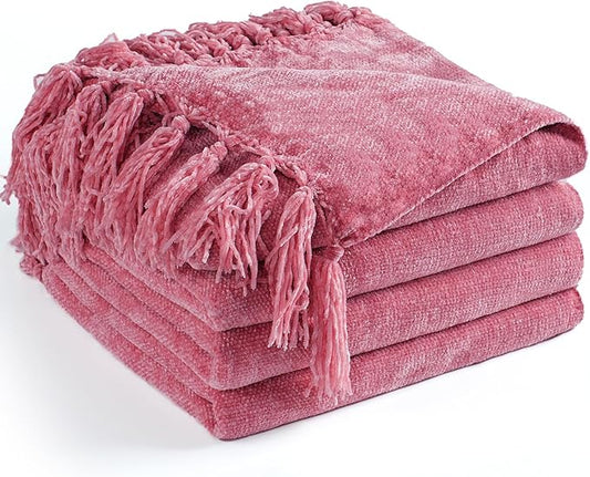 Chenille Throw Blanket for Couch 50"X 60", Soft Cozy Throws with Fringe Tassel for Bed Sofa Chair, Lightweight Knitted Decorative Farmhouse Boho Blankets for Gift, Rose Pink