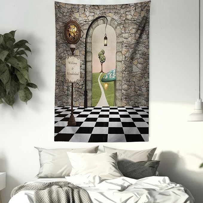 Ambesonne Alice in Wonderland Tapestry Queen Size, Welcome Wonderland Black and White Floor Landscape Mushroom Lantern, Wall Hanging Bedspread Bed Cover Wall Decor, Queen Size, Stone Black