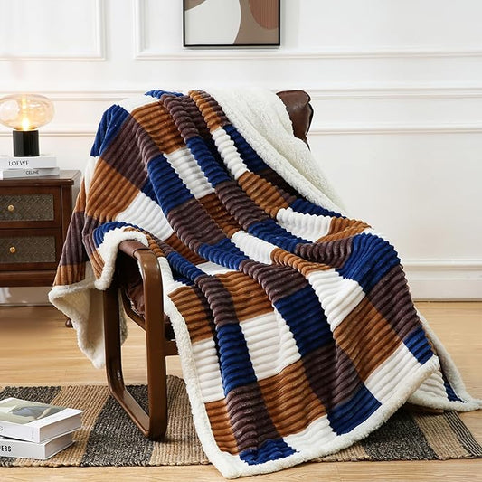PU MEI Sherpa Blanket Twin Plaid Thick Bed Blanket, 80”*90” Super Soft Flannel Fuzzy Fleece Reversible Velvet Plush Warm Blanket for Couch (Khaki Blue Check)