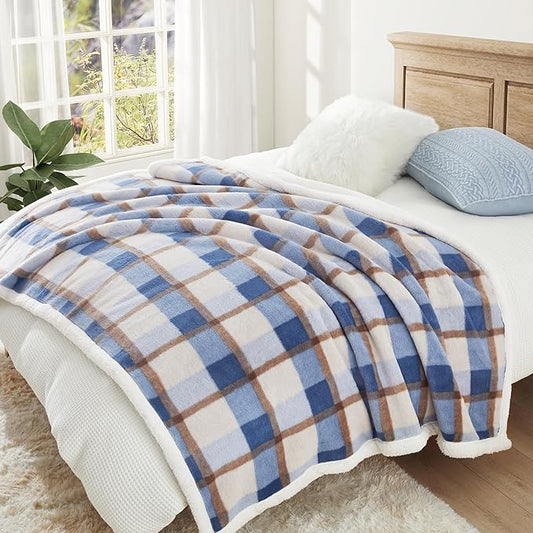 PU MEI Super Soft Faux Rabbit Fur Sherpa Fleece Throw Blanket, Reversible Luxury Cozy Cute Furry Blanket, Plush Warm Shaggy Fluffy Checkered Blankets for Sofa Couch Bed (Blue-Plaid, 80" x 90")