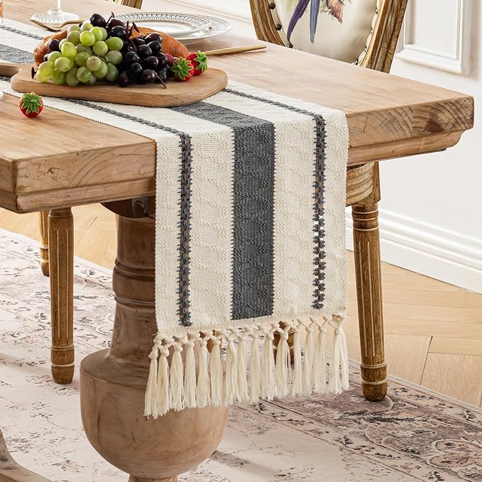 Fancy Homi Grey Table Runner 90 Inches Long Boho Macrame Table Runner for Home Decor, Farmhouse Table Runners with Tassels for Party Bohemian Rustic Bridal Shower Dining Decor 12x90 Inches