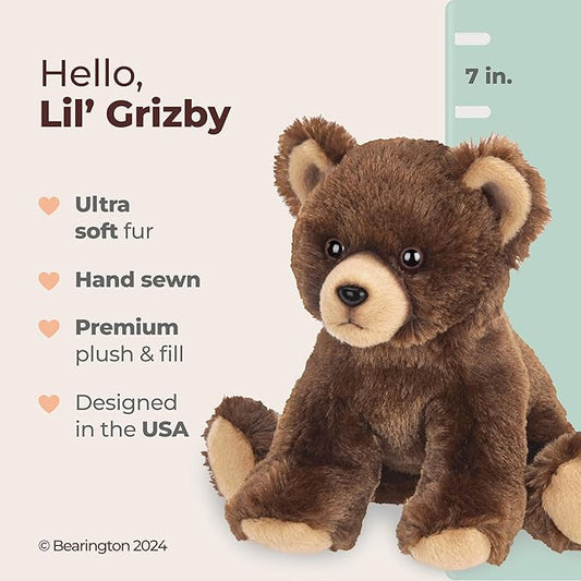 Bearington Lil' Grizby The Brown Grizzly Teddy Bear Plush, 7 Inch Bear Stuffed Animal - Hugs and Cuddles Plush Animal Toy