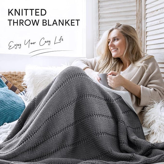 RECYCO Cable Knit Dark Grey Throw Blanket for Couch, Super Soft Warm Cozy Decorative Knitted Throw Blanket 2.3LB for Bed, Sofa, Chair 50"x60"