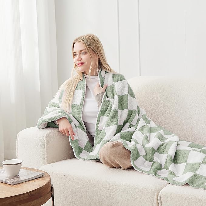 JOOJA Soft Blanket Cozy Checkerboard Sage Bed Blanket Fluffy Knit Throw Blanket Queen Size Plaid Checkered Blanket Sage 90x90 in