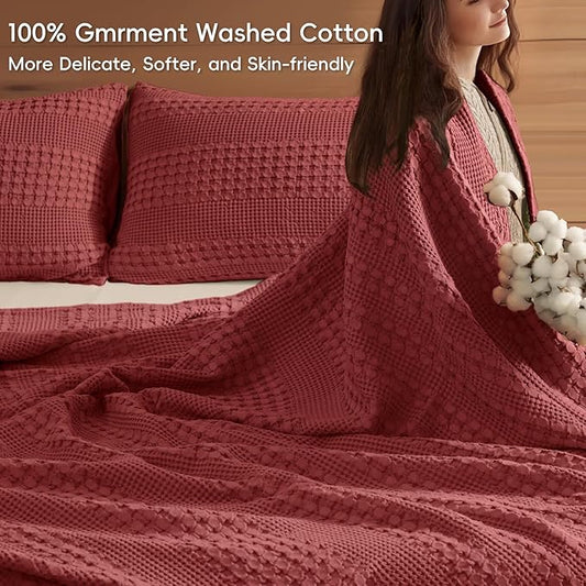PHF 100% Cotton Waffle Weave Blanket King Size, Soft Lightweight Breathable Cozy Summer Blankets for Bed, Luxury Aesthetic Woven Bedding for Home Decor, 108"x90", Wine Red
