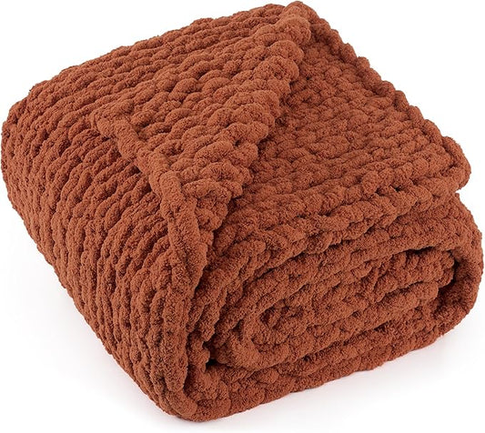 Chunky Knit Throw Blanket 50"X 60", 100% Handmade with Soft Chenille Yarn, 4.4lbs Thick Cable Knitted Blankets, Large Rope Knot Crochet Throws for Couch Sofa Bed Home Decor, Rust