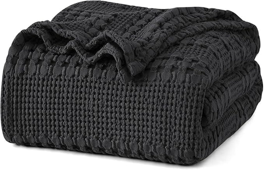 PHF 100% Cotton Waffle Weave Blanket Queen Size, Soft Lightweight Breathable Cozy Summer Blankets for Bed, Luxury Aesthetic Woven Bedding for Home Decor, 90"x90", Black
