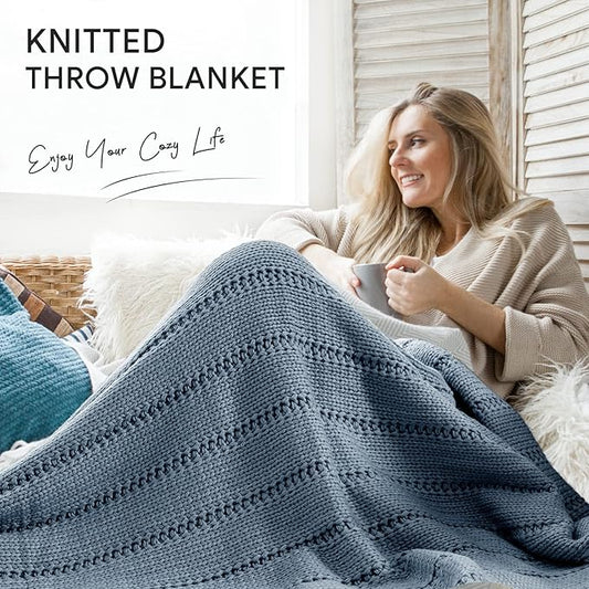 RECYCO Cable Knit Dusty Blue Throw Blanket Twin Size for Couch, Super Soft Warm Cozy Decorative Knitted Throw Blanket 3.6LB for Bed, Sofa, Chair Large 60"x80"