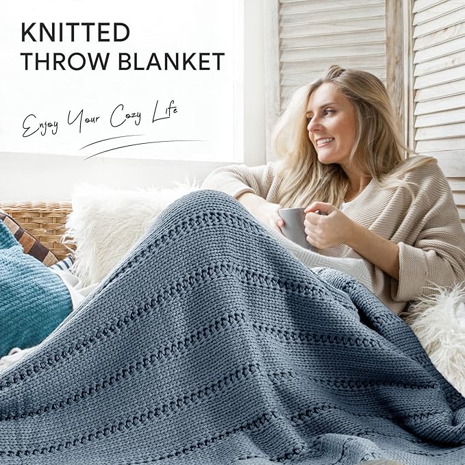 RECYCO Cable Knit Dusty Blue Throw Blanket for Couch, Super Soft Warm Cozy Decorative Knitted Throw Blanket 2.3LB for Bed, Sofa, Chair 50"x60"