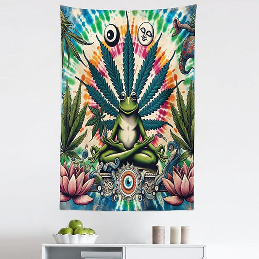 Ambesonne Trippy Tapestry, Jumble Composition of Frog Featuring Tie Dye Effect Esoteric Floral Eyes, Fabric Wall Hanging Decor for Bedroom Living Room Dorm, 30" X 45", Multicolor Fern Green