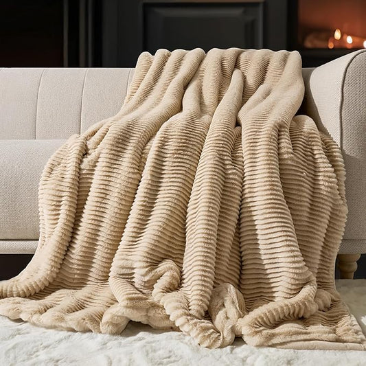 Ultra Soft Faux Fur Throw Blanket for Couch, Luxury Sculpted Texture Faux Rabbit Fur Blanket for Bed, Fluffy Thick Plush Warm Fuzzy Throw, 920GSM (Beige, 60''x80'')