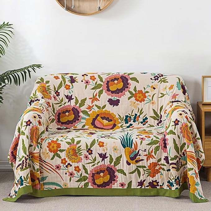 Soft Rustic Boho Quilt Fall Blanket, Farmhouse Decor, Floral Printed 100% Cotton Throw Blanket, Bohemian Style King Size Bed Blankets for All Seasons, Golden Phoenix,90"x98"