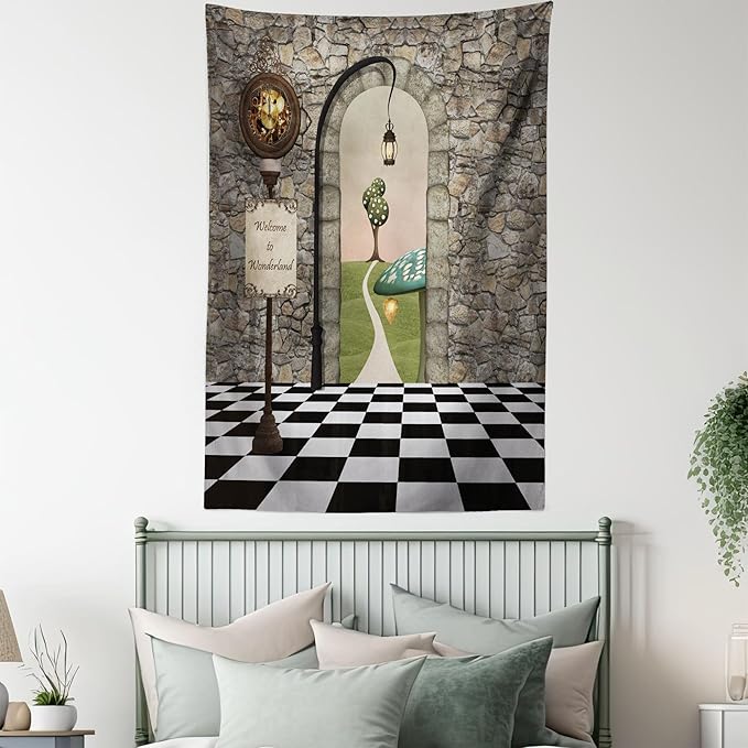 Ambesonne Alice in Wonderland Tapestry Queen Size, Welcome Wonderland Black and White Floor Landscape Mushroom Lantern, Wall Hanging Bedspread Bed Cover Wall Decor, Queen Size, Stone Black