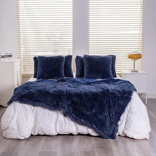 YUSOKI Twin Size Faux Fur Throw Blanket(Navy Blue,60" x 80"),Whithout Pillows,Winter Lightweight Plush Fuzzy Soft Cozy Microfiber Comfy Bed Blanket for Women Kids Girls Couch Sofa Washable