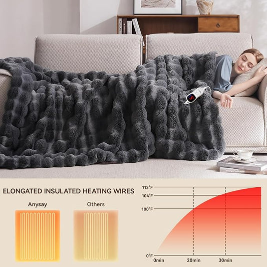 Heated Blanket Throw with 1/2/4/6/8 Hours Auto-Off 10 Heat Level, 50'' * 60'' Cozy Faux Rabbit Fur Bubble Electric Blanket with Overheat Protection(Dark Grey)