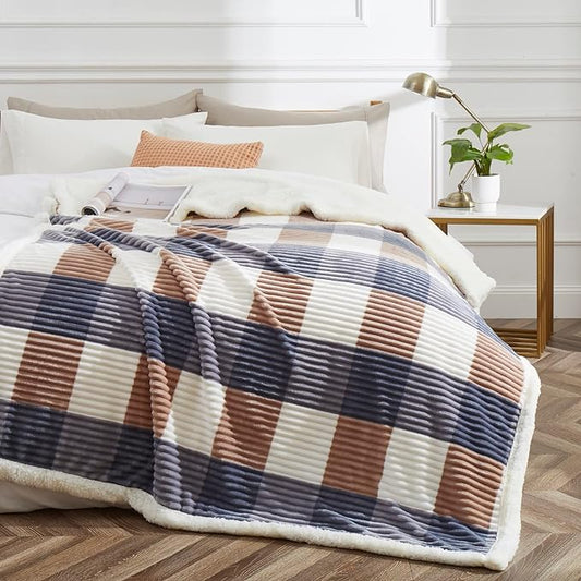 PU MEI Sherpa Blanket Full/Queen Plaid Thick Bed Blanket, 90”*80” Super Soft Flannel Fuzzy Fleece Reversible Velvet Plush Warm Blanket for Couch (Grey-Check, 80"*90")