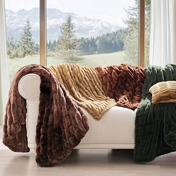 EVERGRACE Luxurious Soft Faux Rabbit Fur Throw Blanket, Cozy Fuzzy Plush Warm Throws for Couch Bed Sofa Chair Home Decor, Ruched Bubble Fluffy Blanket with Reversible Velvet, 60" x 80", Clay