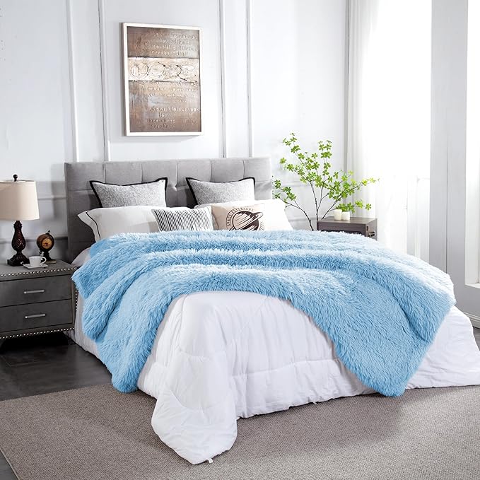 JONIYEAR Oversized Decorative Fluffy Faux Fur Throw Blanket Twin Size 60" x 71",Soft Large Luxury Lightweight Furry Blanket,Accent Cozy Shaggy Plush Thick Warm Fuzzy Blankets for Winter Bed Couch,Blue