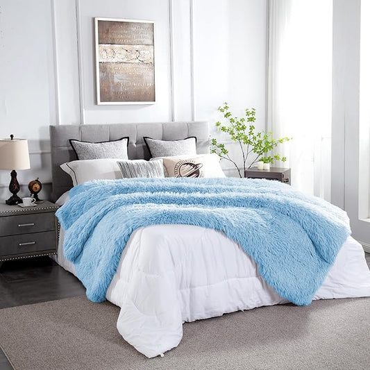 JONIYEAR Oversized Decorative Fluffy Faux Fur Throw Blanket Twin Size 60" x 71",Soft Large Luxury Lightweight Furry Blanket,Accent Cozy Shaggy Plush Thick Warm Fuzzy Blankets for Winter Bed Couch,Blue
