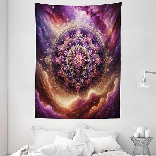 Ambesonne Purple Tapestry, Symmetric Universe Folk Ethnic Art Design Mandala with Galaxy Space Clouds, Wall Hanging for Bedroom Living Room Dorm Decor, 60" X 80", Fuchsia and Amber