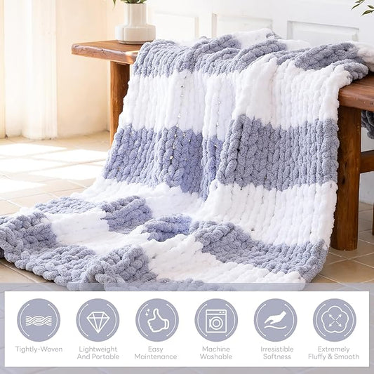Chunky Knit Blanket - Luxury Soft Cozy King Size(60 * 80) Throw Blanket,100% Woven Blanket Rope Knot Throw Blanket for Couch, Sofa, Home Decor, Gift - Machine Washable（White/Light Gray）