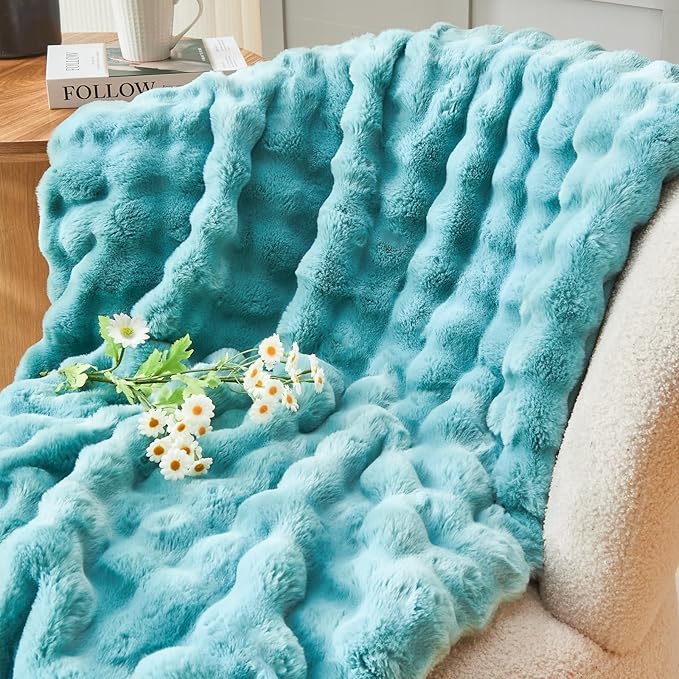 NEWCOSPLAY Faux Fur Throw Blanket Teal Bubble Blanket Thick Warm Soft for Couch Sofa Bed 550GSM (Teal, Throw(50"x60"))
