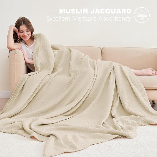 Cosy Family 4 Layer Muslin Bed Blanket - Breathable and Lightweight Gauze Boho Blanket for Spring, Soft 100% Cotton Muslin Blanket, Light Tan, 55x80 Inches