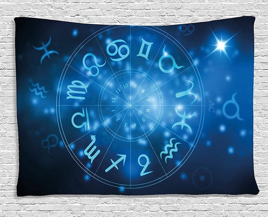 Ambesonne Astrology Tapestry, Abstract Horoscope Wheel with Signs Aquarius Lion Taurus Libra, Wall Hanging for Bedroom Living Room Dorm, 80" X 60", Navy Blue White and Sky Blue