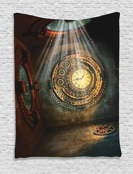 Ambesonne Fantasy Tapestry, Fantasy Scenery with Clock Dream Sky Rays from the Ceiling Fictional Art, Wall Hanging for Bedroom Living Room Dorm Decor, 60" X 80", Teal Brown