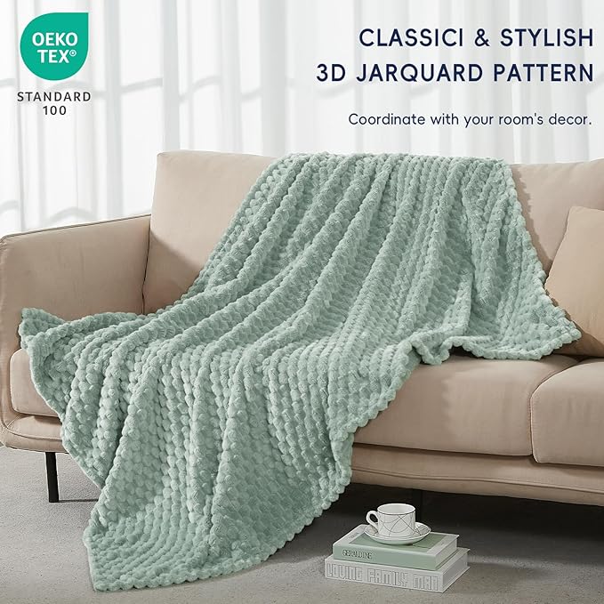 PHF Ultra Soft Flannel Fleece Throw Blanket, Lightweight 3D Jacquard Fleece Blanket, No Shedding, No Pilling, Luxury 340GSM Aesthetic Fluffy Cozy Throws for Couch Room Decor, 50"x60", Sage Green