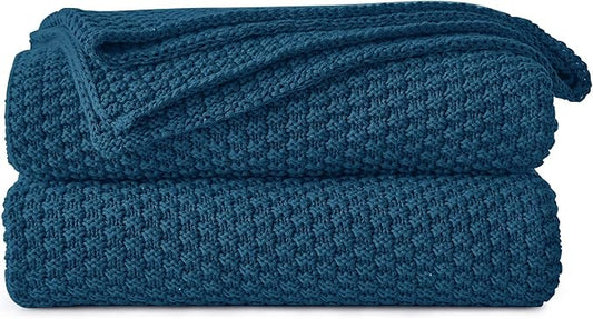 Longhui bedding Blue Knitted Throw Blanket for Couch - Soft, Cozy Machine Washable 100% Cotton Sofa Knit Blankets, Heavy 3.0lb Weight, 51 x 63 Inches, Laundry Bag Included