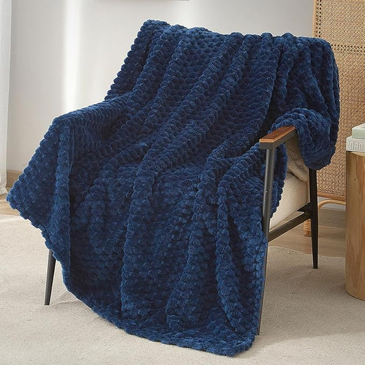 PHF Ultra Soft Flannel Fleece Throw Blanket, Lightweight 3D Jacquard Fleece Blanket, No Shedding, No Pilling, Luxury 340GSM Aesthetic Fluffy Cozy Throws for Couch Room Decor, 50"x60", Navy Blue