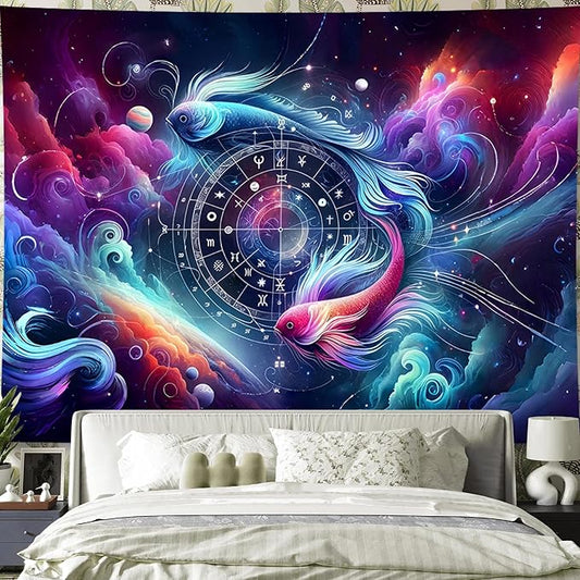 Pisces Tapestry Wall Hanging Zodiac Sign Decoration Aesthetic for Bedroom Living Room Dormitory Suitable for Teen Boy and Girl Who Like Astrology 59x51 Inches