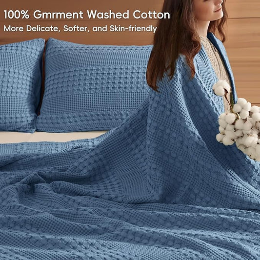 PHF 100% Cotton Waffle Weave Blanket King Size, Soft Lightweight Breathable Cozy Summer Blankets for Bed, Luxury Aesthetic Woven Bedding for Home Decor, 108"x90", Captain's Blue