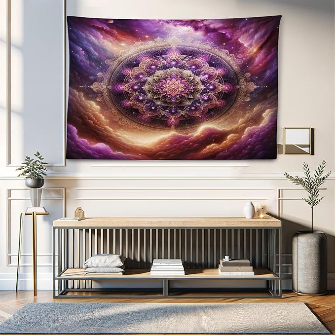 Ambesonne Purple Tapestry, Symmetric Universe Folk Ethnic Art Design Mandala with Galaxy Space Clouds, Wide Wall Hanging for Bedroom Living Room Dorm, 60" X 40", Fuchsia and Amber