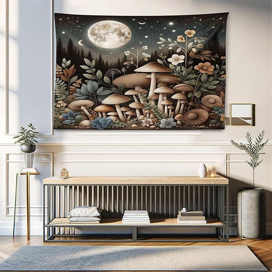 Ambesonne Aesthetic Tapestry, Night Forest Scene with Boho Nature Mushroom Leaves Stars and Full Moon, Wide Wall Hanging for Bedroom Living Room Dorm, 60" X 40", Sepia and Grey Teal