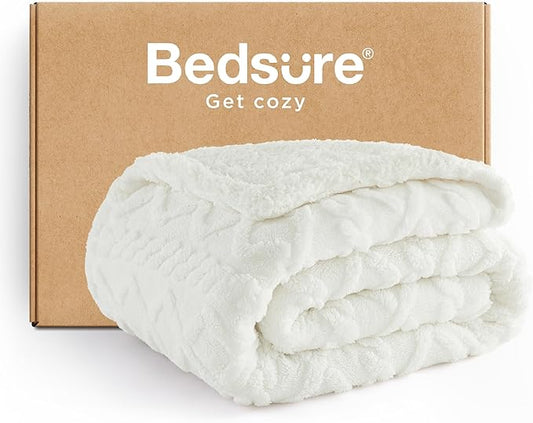 Bedsure Sherpa Fleece Blanket Twin Size for Bed - Fuzzy Soft Cozy Cable Throw for Couch, Thick Warm Blankets for Winter, Cream, 60x80 Inches
