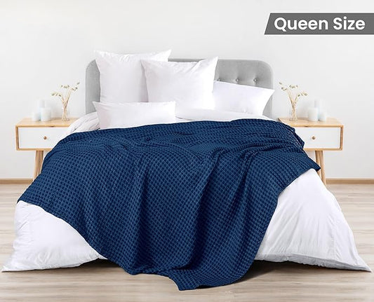 Utopia Bedding Navy 100% Cotton Waffle Blanket 300 GSM [Queen - 90x90 Inch] Soft Lightweight Breathable Bed Blanket for All Season