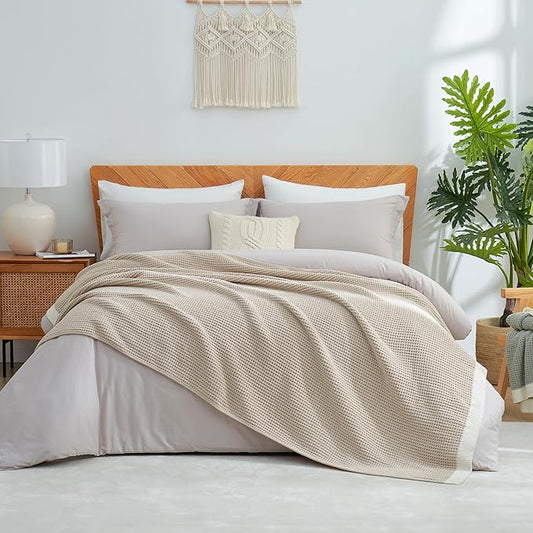 Amélie Home Chenille Waffle Throw Blanket for Couch Twin, Reversible Soft Cozy Knit Blanket Lightweight Warm Decorative Throw for Sofa, Bed, Living Room, 60"x80", Beige